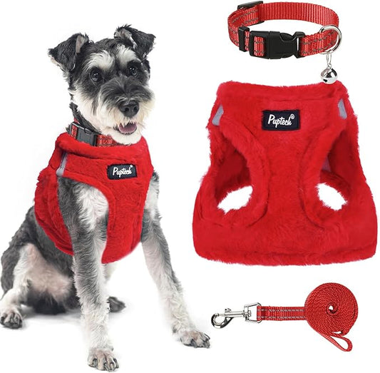 PUPTECK Adjustable Dog Harness Collar and Leash Set Step in No Pull Pet Harness for Small Medium Dogs Puppy and Cats Outdoor Walking Running, Soft Mesh Padded Reflective Vest Harnesses, Red M