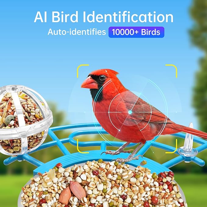 Smart Bird Feeder with Camera Solar Panel, Battery Powered 3MP HD Video Monitoring AI Recognition of 10,000+ Species Color Night Vision,Outdoor Waterproof,for Bird Watching