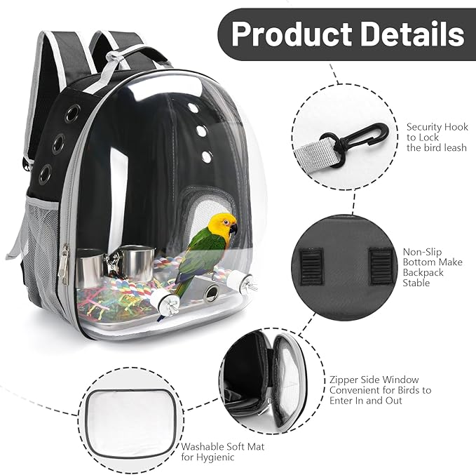 Bird Backpack Carrier, Travel Bird Cage for Small Medium Size Parrot Parakeet Budgies Cockatiel, Portable Clear Bubble Window Bag with Stainless Steel Tray Food Bolw Standing Perch (Black)