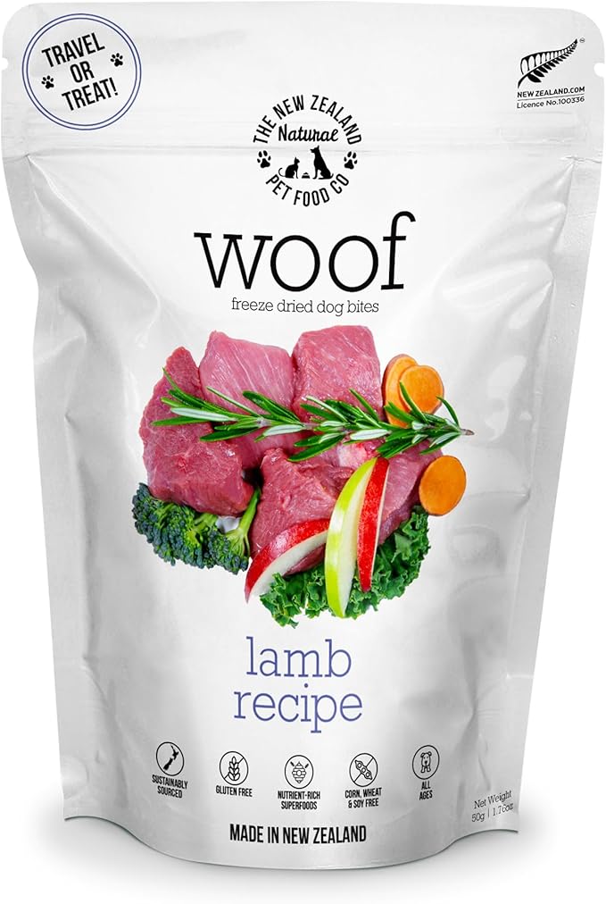 The New Zealand Natural Pet Food Co. Woof Freeze Dried Dog Food - Lamb Recipe, High Protein, Dog Food Topper & Dog Treats, All Life Stages, 1.76 oz