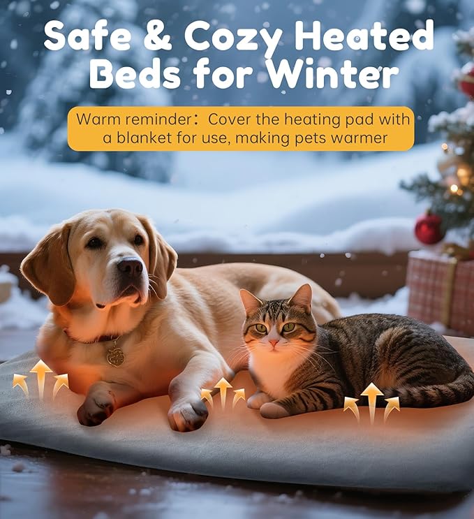 HOPET Dog Cat Heating Pad with Adjustable Temperature Timer, Waterproof Heated Dog Cat Bed with Chew Resistant Cord, Indoor/Outdoor Electric Heating Pad for Dog House,Rescue Cats,Grey,27x15 in