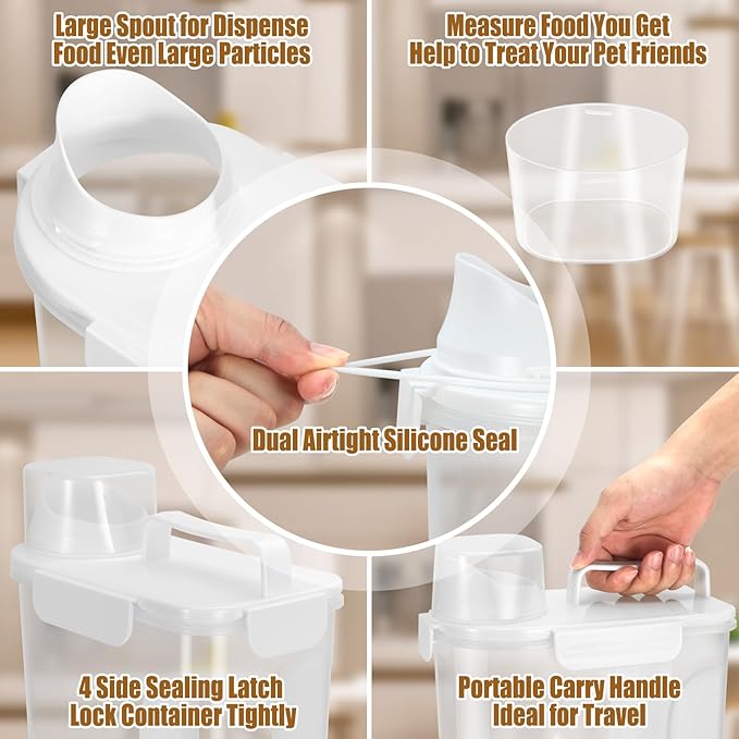 Airtight Cat Dog Food Storage Container 5-7lbs, 5 Liters Pet Dry Food Container with Large Pouring Spout, Cup and Seal Buckles, Travel Food Dispenser for Small Animals, Bird Seed, Puppy, etc.