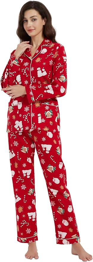 GLOBAL Flannel Pajamas for Women 2-Piece Comfy and Cozy Flannel Pj Set Cotton Loungwear