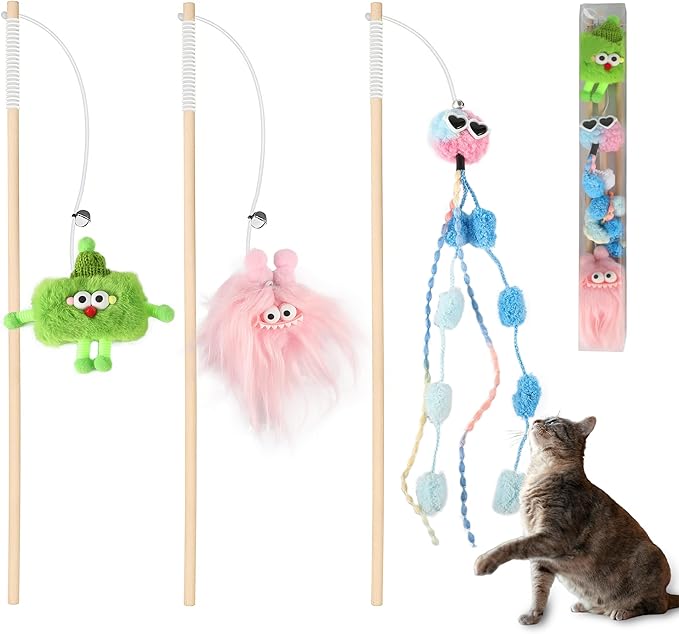 Elastic Plush Cat Wand Toy Funny Interactive Cat Fishing Pole Toy with Bell Soft Natural Wood Kitten String Toys for Indoor Cats Kittens Bored Cats (3 Pack)
