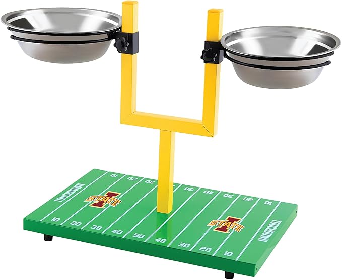 NCAA Iowa State Cyclones Goalpost Football Field Dog Feeder – Adjustable Elevated Dog Bowls with Stand, 2 Stainless Steel Bowls, Non-Slip Rubber Feet, Raised Pet Feeder for Large & Small Dogs
