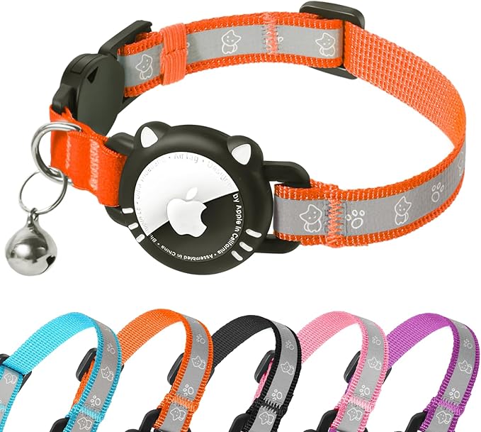 Airtag Cat Collar, Reflective Cat Collar with Apple Air Tag Holder, Breakaway GPS Tracker Pet Collar with Bell for Cat Kitten, Airtag Not Included, Orange, S(9-11 Inch)