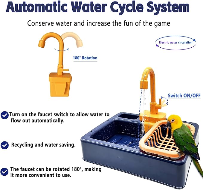 kathson Parrot Bathtub,Automatic Bird Shower Box,Multifunctional Parakeet Bathtub with Faucet,Bird Bathing Tub Pool Toy for Small Medium Birds Cockatiel Lovebird Budgie（Sapphire Blue）