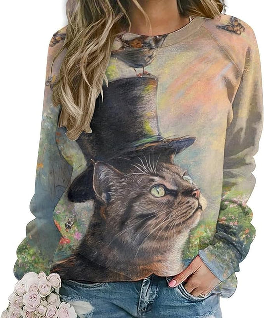 Long Sleeve Shirts for Women Cat Oil Painting Shirt 3D Graphic Sweatshirts Fall Pullover Crewneck Vintage Boho Tops