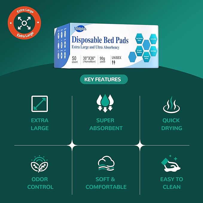 Disposable Bed Pads 30“x36”, 50 Count Extra Large Underpads , Heavy Duty Absorbent Bed Pads for Adult Incontinence, Senior Care, Kids & Puppy Training Pads (No Adhesive)