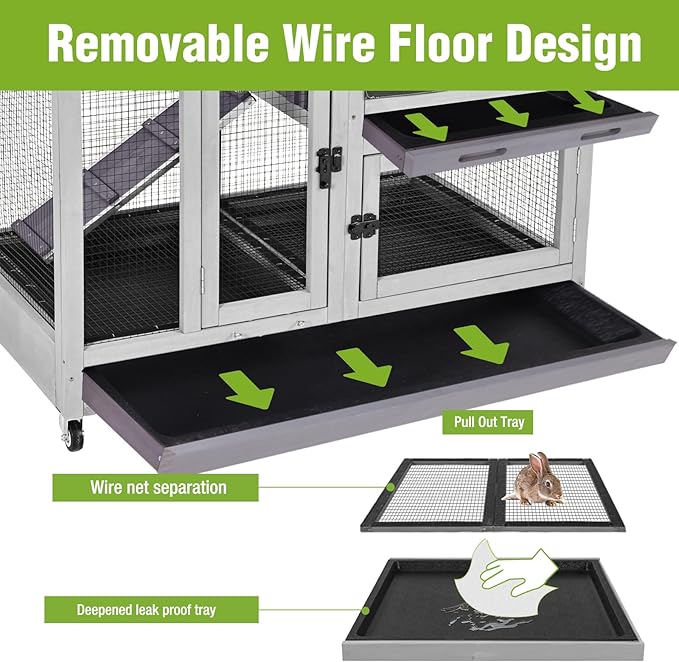 GUTINNEEN Indoor Rabbit Hutch Guinea Pig Cages with Chew-Proof Ramp, 2-Story Wooden Bunny House with Pull-Out Tray & Lockable Caster Wheels, Small Animal Cage for 2-4 Rabbits & Guinea Pigs (Grey)