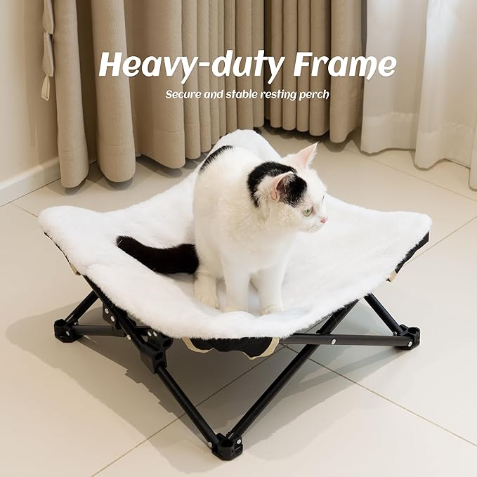 PETKARAY Foldable Elevated Cat Bed, Fluffy Kitty Lounge Furniture with Metal Frame, Raised Cat Hammock Chair for Indoor Cats