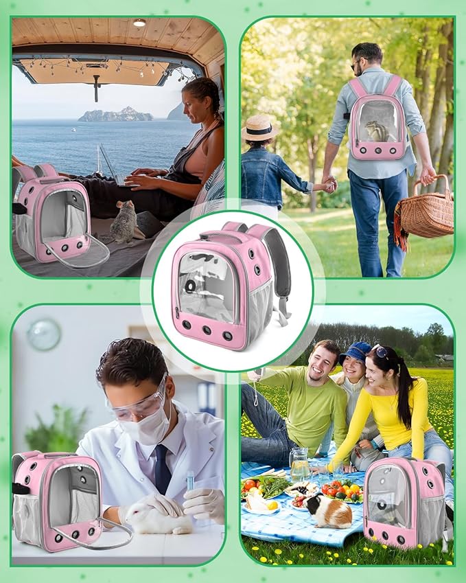 Guinea Pig Carrier Backpack, Portable Rabbit Travel Carring Bag for Pet Bunny Chinchilla Bearded Dragon Hamster Parrot Outgoing Pouch Case with Water Bottle Holder & Detachable Pad (Pink)