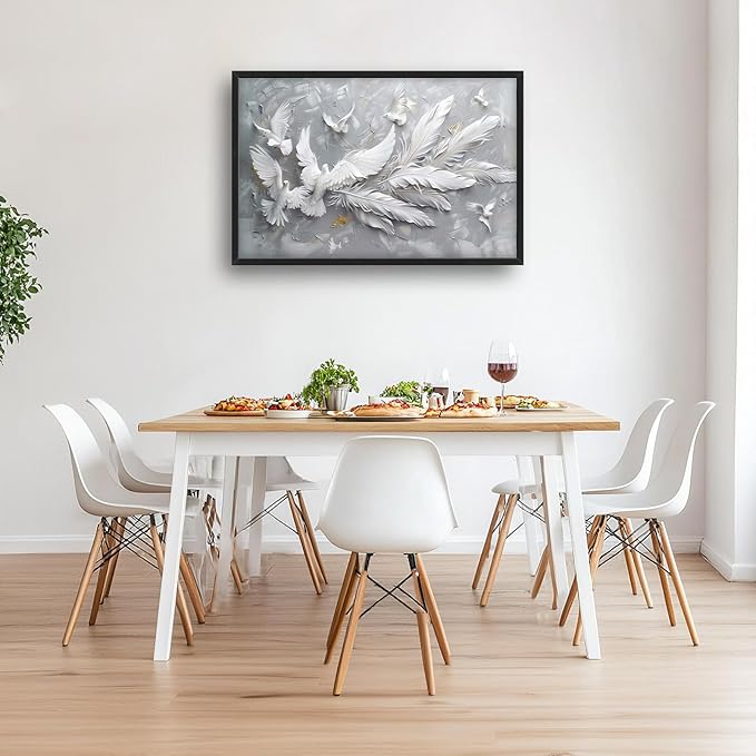 Quorin Feather Dove Bird Large Wall Art White Gray Holy Wings Pictures Peaceful Birds Flying Wall Decor Canvas Print Painting Artwork for Bathroom Living Room Bedroom 36L x 24W