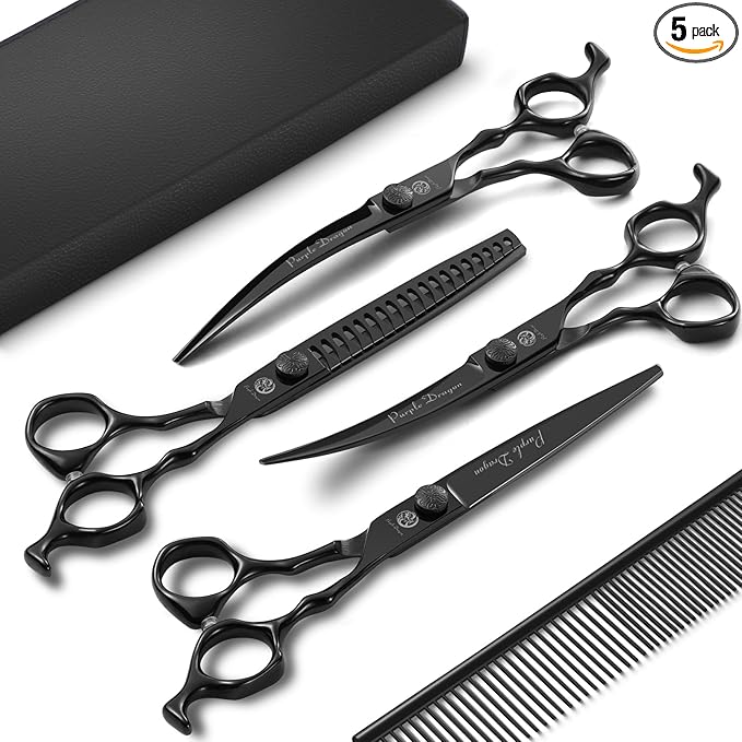 Purple Dragon Dog Grooming Scissors Set - Chunkers, Straight, Up & Down Curved Scissors and Comb, 7 Inch Black Shears with Adjustable Screw for Dogs and Cats