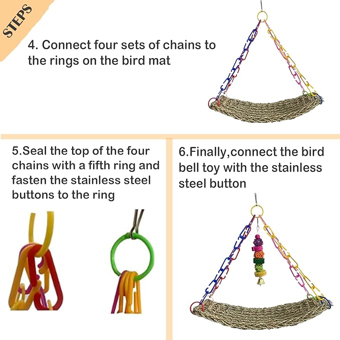 kathson Bird Seagrass Mat,Birds Swing Toy,Natural Grass Handmade Woven Hammock Hanging Parrot Lounger with Colour Toys for Lovebird,Cockatiel,Canary,Parakeets,Finch,Budgie (2 Pcs)