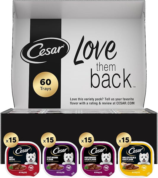 Cesar Wet Dog Food Classic Loaf in Sauce Filet Mignon Flavor, Porterhouse Steak Flavor, Grilled Steak & Eggs Flavor, and Beef Recipe Variety Pack 3.5 oz. Easy Peel Trays (60 Count)