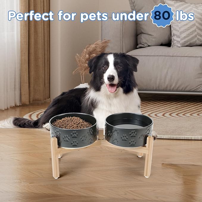 SPUNKYJUNKY Elevated Dog Bowls Ceramic, 7.3'' Dogs Food Water Bowls Raised with Non-Slip Bamboo Stand for Medium to Large Sized Breed Microwave Dishwasher Safe - 42 OZ,Paw Black