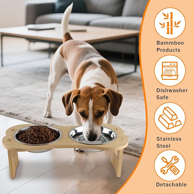 Elevated Dog Cat Bowls-2pack Stainless Steel Pet Food Water Bowls with Anti-Slip Bamboo Stand-Raised Dog Bowl for Small Dogs-Raised Cat Bowl Stand-Pet Feeding Station（4.7'' Height