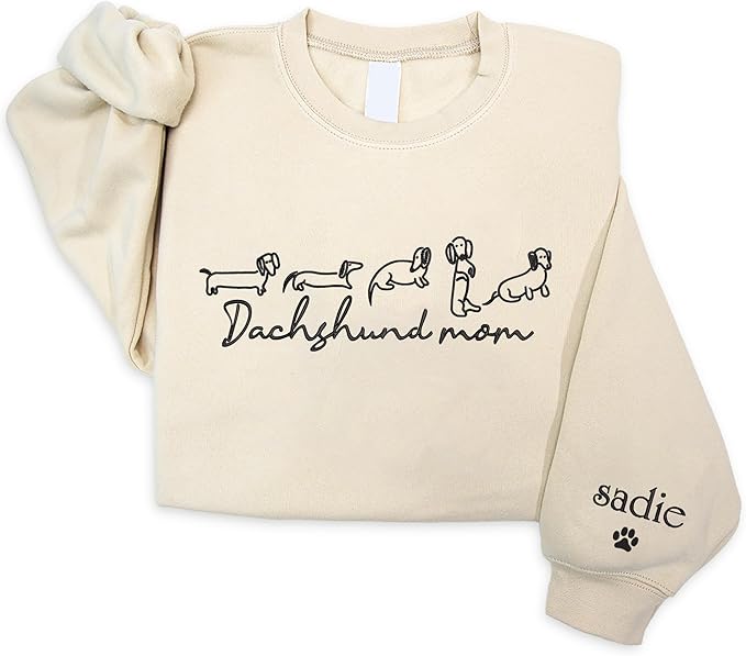 NAZENTI Embroidered Dachshund Sweatshirt with Dog Name on Sleeve, Personalized Valentines Dog Mom Shirt, Wiener Dog Gifts