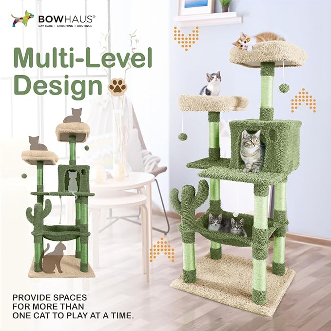 CAPHAUS Cactus Cat Tree for Indoor Cats, Cute 58-Inch Cat Climbing Play Tower with Top Perch for Large Cats Kittens, Multi-Level Cat Activity Tree with Scratching Posts, Hammock, Cat Cave Condo
