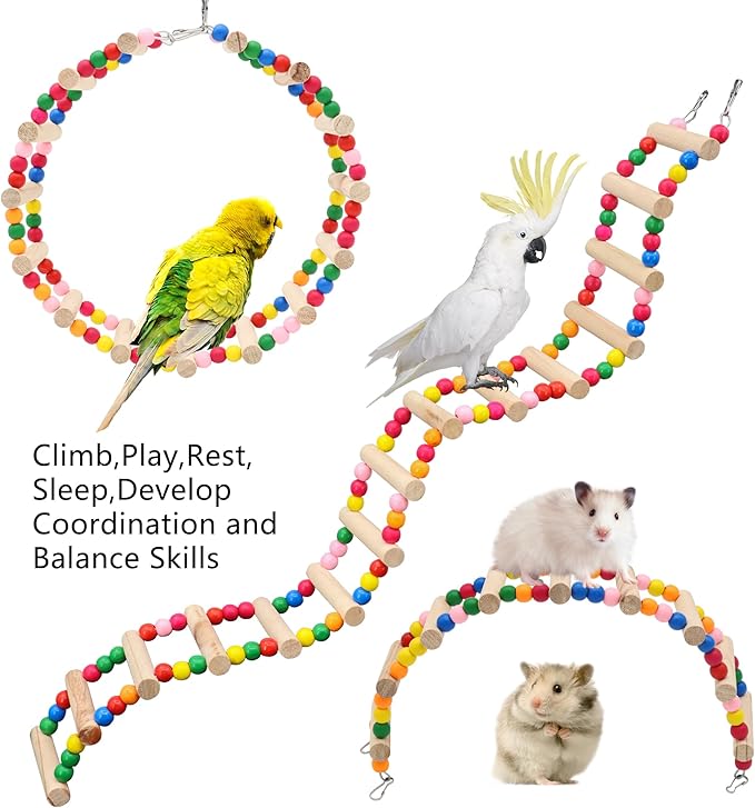 11-Step Bird Ladder Bridge,21.26 x 3.15 inches Raw Wood and Edible Dye,Pet Hamster Climbing Ladder Swing Toys Suitable for Small to Medium Birds,Bird Cage Accessories (11 Ladders)