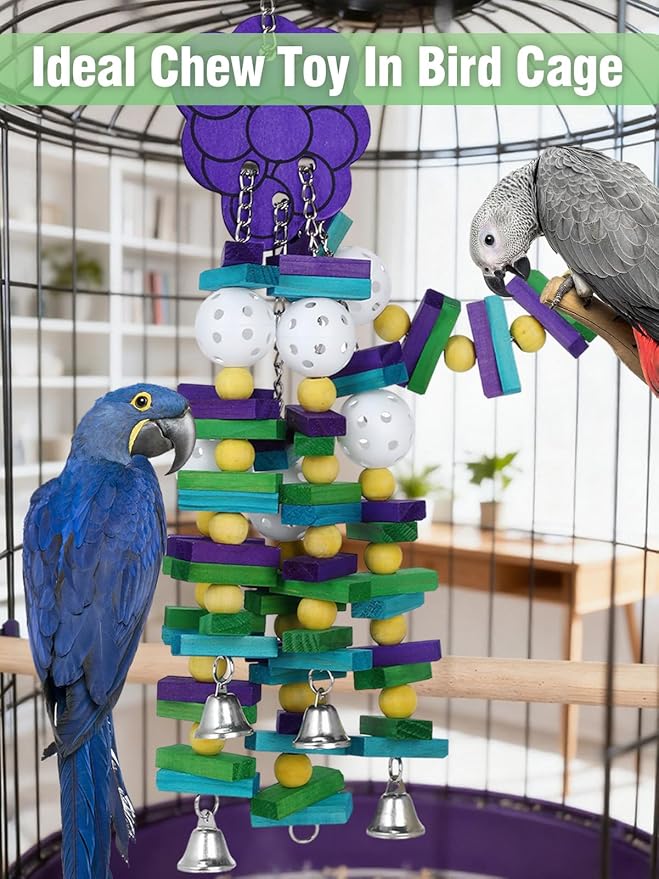 Large Bird Parrot Toys with Bells- Parrots Cage Chewing Toy Gift with Colorful Wood Blocks Beads- Bird Parrot Chewing Sticks Toys for Cockatoos African Grey Macaws and Amazon Parrots(Grape Style)