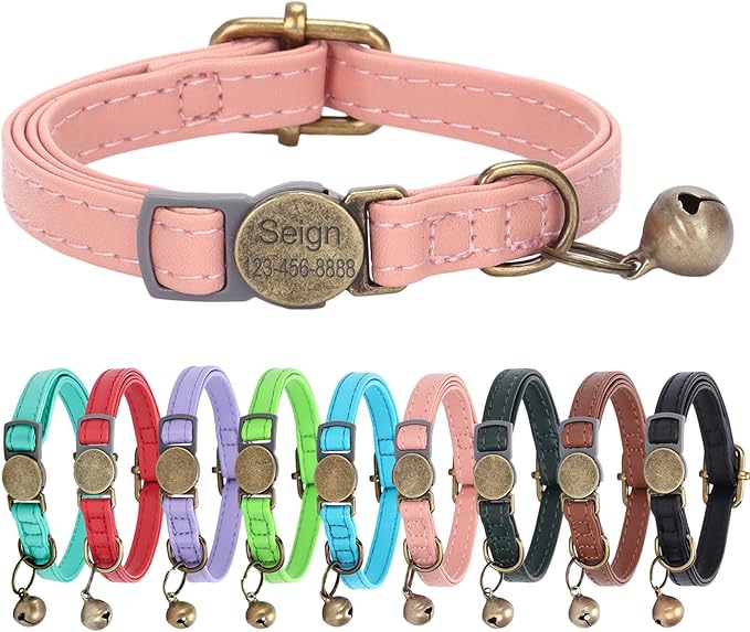Cat Collar Breakaway, Personalized Leather Cat Collar with Bells-Adjustable Customized Collar with Name & Phone Number Tag for Girl Boy Cats -Quick Release Buckle for Cats & Kittens (Pink)