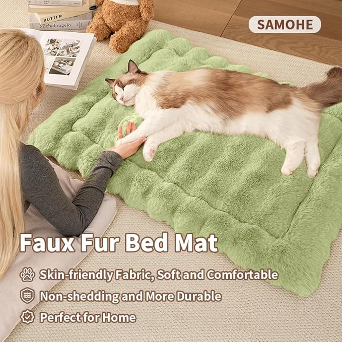 Cat Beds for Indoor Cats Faux Fur Pet Pad Mat Plush Kitten Bed with Non-Slip Bottom for Carriers/Couch Dog & Puppy Friendly 35 x 27 Inch X-Large Green