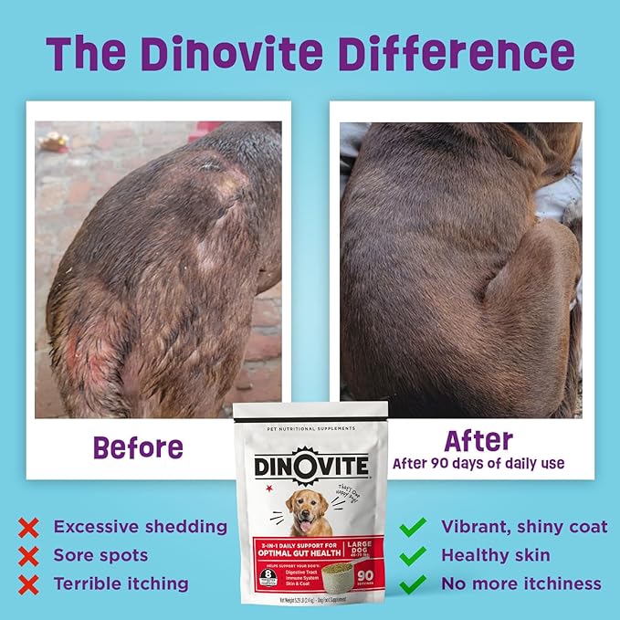Dinovite Probiotic Supplement for Dogs, Omega 3, Hot Spot Relief, Skin & Coat Supplement, 90 Day Supply for Large Dogs