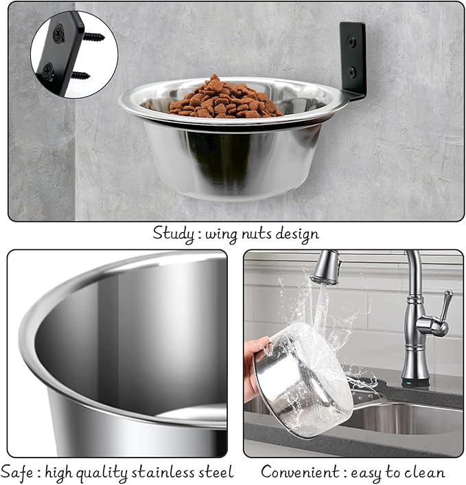 Hamiledyi 2 Pack Wall Mounted Elevated Dog Bowls - Adjustable Height Stainless Steel Raised Food & Water Bowls with Collapsible Stand for Medium & Large Dogs & Cats (M)