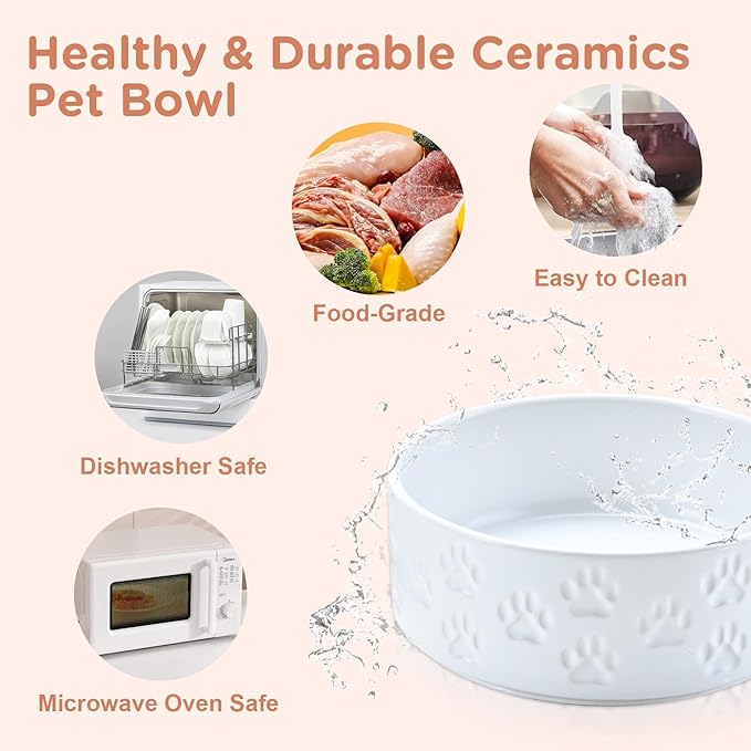 SPUNKYJUNKY Ceramic Dog Bowls 2 Pack, 8.3'' Dog Food Water Double Feeding Bowls Non-Slip for Medium to Large Sized Breed Microwave Dishwasher Safe - 60 OZ, 2pcs, Paw White
