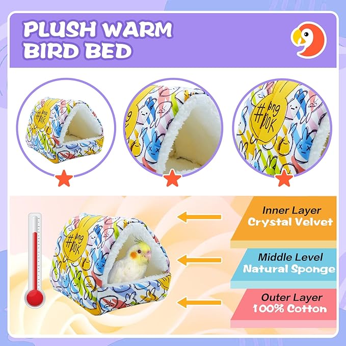 SUSOO Plush Warm Bird Nest House - Hanging Snuggle Bed Velvet Shed Hut Cage Fluffy Hideaway Winter Sleeping Hammock for Parrot Parakeet Conure Cockatiel Budgies Lovebird (Colorful, L)