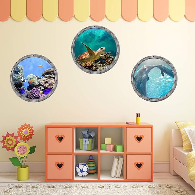 Under The Sea Nature Scenery Ocean Animals World Includ Sea Turtles Dolphins Coral 3 Pcs Removable 3D Wall Decals Peel and Stick Vinyl Stickers for Bathroom and Bedroom, Furniture,Home Decor