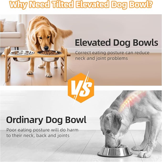 Elevated Dog Bowls, Adjustable Raised Dog Bowl Stand with 2 Stainless Steel Dishes and 1 Slow Feeder Bowl, Durable Bamboo Dogs Feeding Station for Small Medium Dogs/Cats