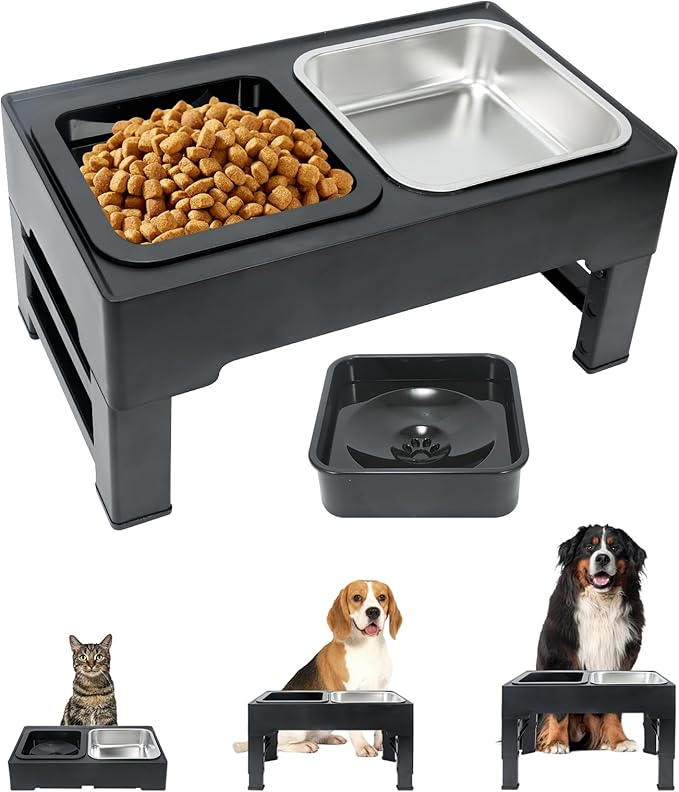 Elevated Dog Bowls with 3 Adjustable Heights, Raised Bowl Stand for Medium & Large Dogs, 1L Food and Water Feeder, Adjustable Pet Dish Station-Grey