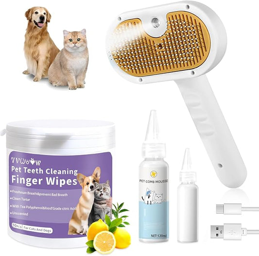 Pet Steam Brush for Dog & Cat – 3-in-1 Spray Hair Removal Comb – Steam Brush for Shedding & Grooming – Spritz Defur Comb – Includes Waterless Shampoo & Dental Wipes