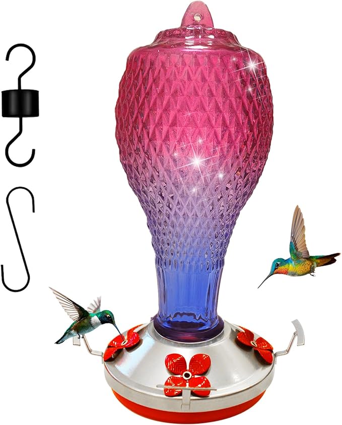 Hummingbird Feeder for Outdoors,17 OZ Glass Humming Bird Feeder for Garden,Backyard Decor,Four Flowers Feeding Ports,Leak Proof,Ant Moat Included,Humming Gifts for Women
