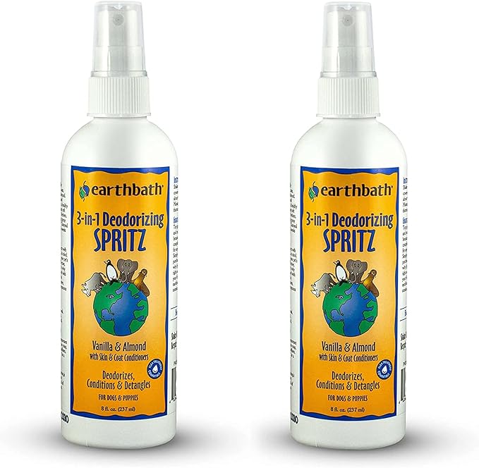 earthbath, Vanilla & Almond 3-in-1 Dog & Puppy Deodorizing Spritz - Dog Odor Eliminator for Strong Odor, Cruelty-Free Dog Cologne, Dog Wash Spray, Made in USA, Dog Bathing Supplies - 8 Oz (2 Pack)