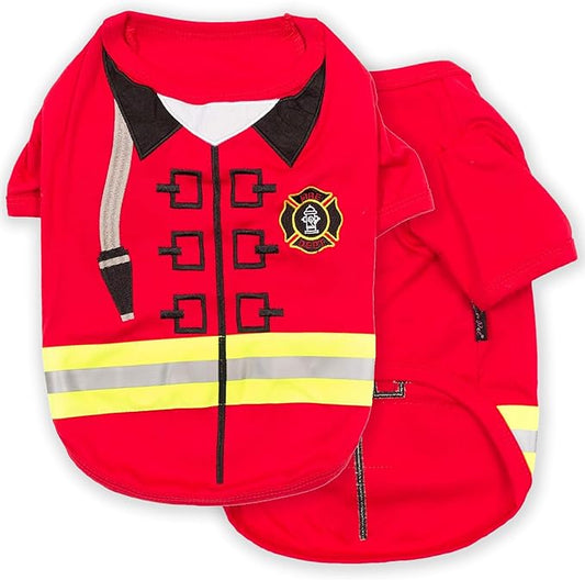 Parisian Pet Dog Shirt - Embroidered Dog Firefighter Costume - 100% Cotton and Polyester Dog Clothes - Sleeved Pet Costumes - Red Dog Costumes for Small Dogs - Lightweight Pet Shirts - S