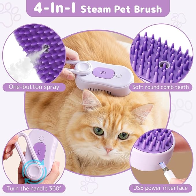 Cats Steam Brush for Cats,Rechargeable Grooming Tool for Cats & Dogs, Anti-Static Design, Delivers Massage, Cleansing, Shedding, Include Flea Comb, Nail Clippers, Pet Toothbrush,Cleaning Solution