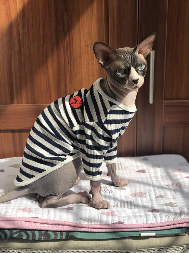 DENTRUN Hairless Cats Shirt Breathable Cat Daily Wear Clothes Stripe Vest Adorable Pajamas Jumpsuit Soft & Skin-Friendly