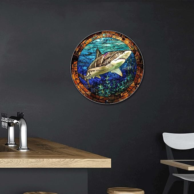Lygond Metal Sign Tin Sign Circular Stained Glass Shark Funny Outdoor Decor for Garage 8×8 Inches