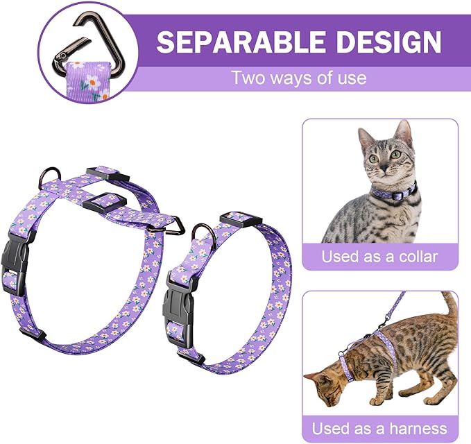 Hikiko Cat Harness and Leash Set Escape Proof Adjustable Walking Travel Cute Girl Kitten Harness for Small Medium Large Cats (Purple Floral, M)