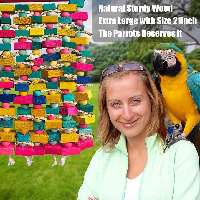 Extra Large Bird Toys for Macaws, Multicolored Wooden Blocks Bird Chewing Toy Parrot Cage Bite Toy for Macaws Cokatoos African Grey and Large Medium Parrot Birds