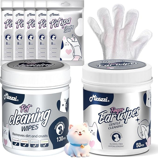 MIOSSZI 3-in-1 Pet Wipes Bundle - 40 Glove + 50 Ear + 130 Eye Wipes (220 Total) Hypoallergenic Cleaning Mitts for Dogs & Cats, Rinse-Free with Coconut Oil & Aloe Vera, Gentle No-Sting Formula