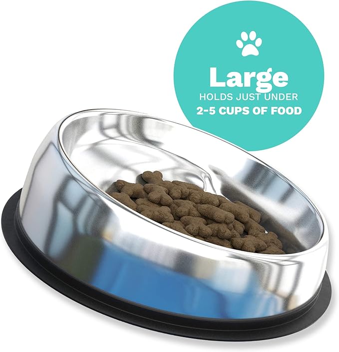 2 in 1 Pack - Large Enhanced Pet Bowl + Large Stand. Stainless Steel Slanted Dog Bowl with Raised Ridge for Flat-Faced Dog Breeds or Cats, Food-Grade Non-Slip No Spill Bowl for Dogs, Less Mess, Less