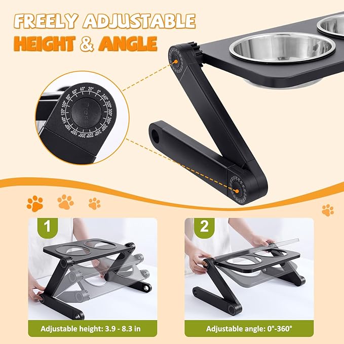 Elevated Dog Bowls, Adjustable Raised Dog Bowl Stand, Foldable Pet Bowls with Dual Stainless Steel Plates for Small to Medium Dogs and Cats,Pets -Black