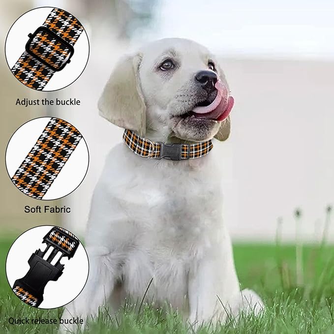 Black Orange White Plaid Gingham Dog Collar Pet Neck Strap for Small Medium Large Dogs Soft Adjustable Buckle