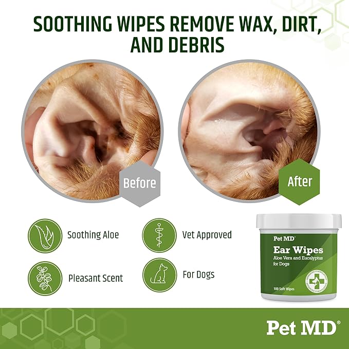 Pet MD - Dog Ear Cleaner Wipes - Otic Cleanser for Dogs to Stop Ear Itching, and Infections with Aloe and Eucalyptus - 100 Count