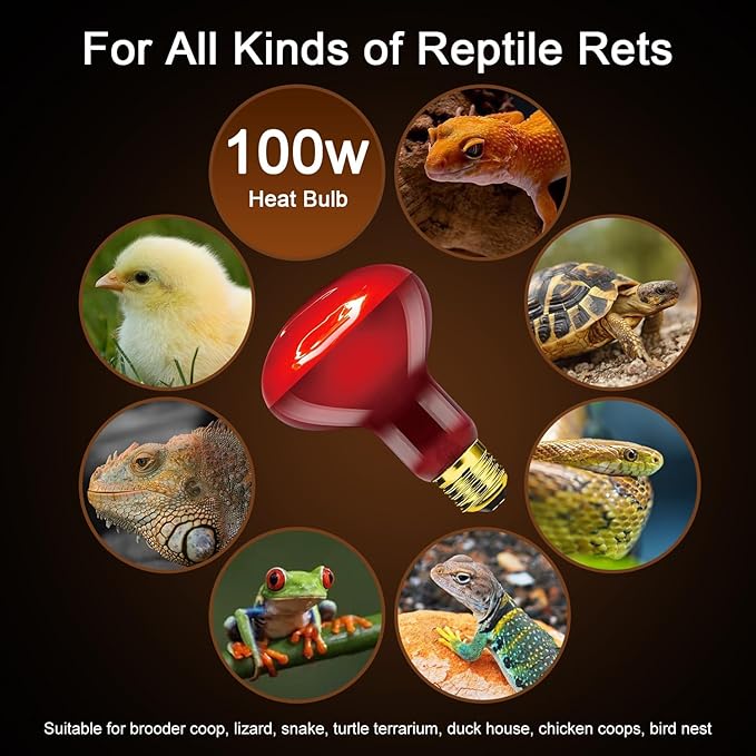 Red Reptile Heat Lamp Bulb,120V 100W Infrared Heat Emitter Red Heat Lamp for Reptile Amphibian, Infrared Basking Spot Light Bulb 2PCS
